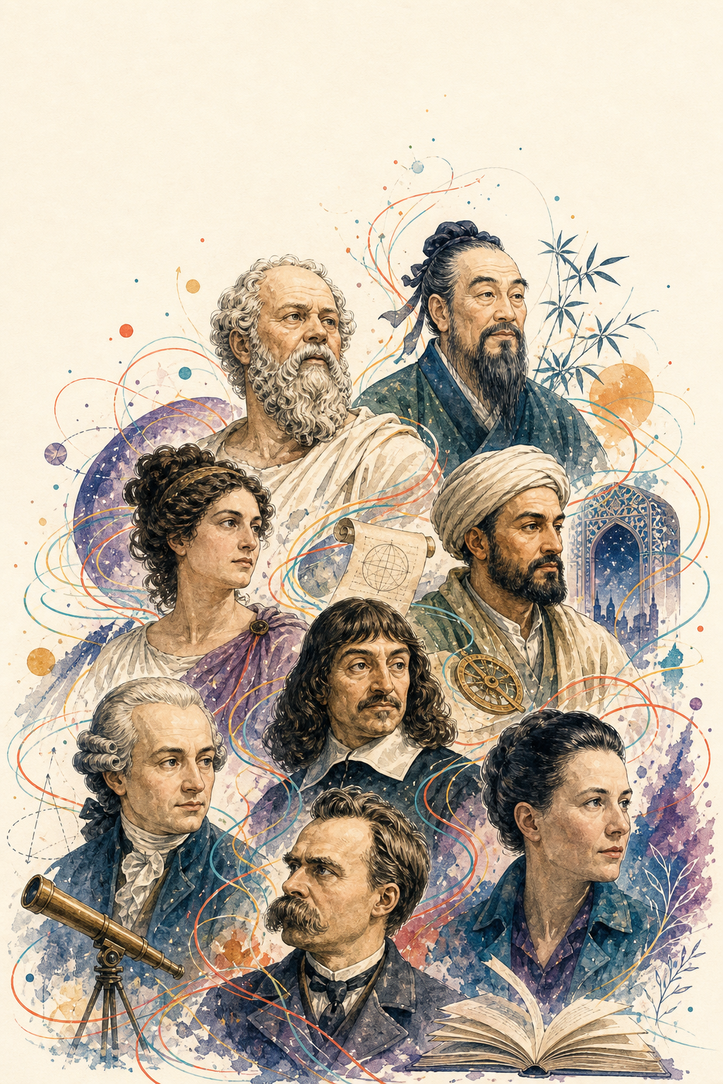 An illustrated constellation of philosophers from different eras and cultures.