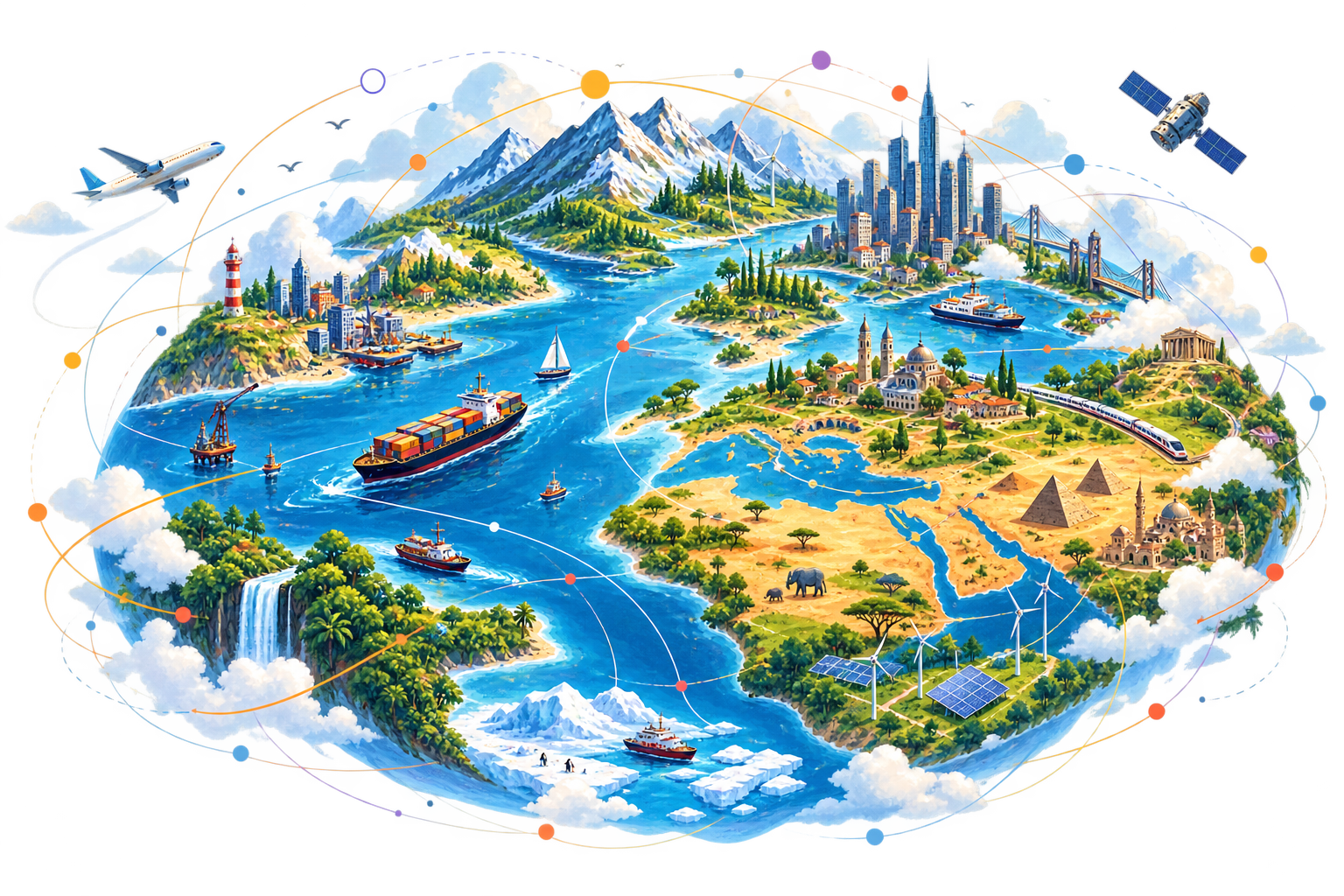 An illustrated world connecting geography, cities, trade, transport, technology and energy into one system.