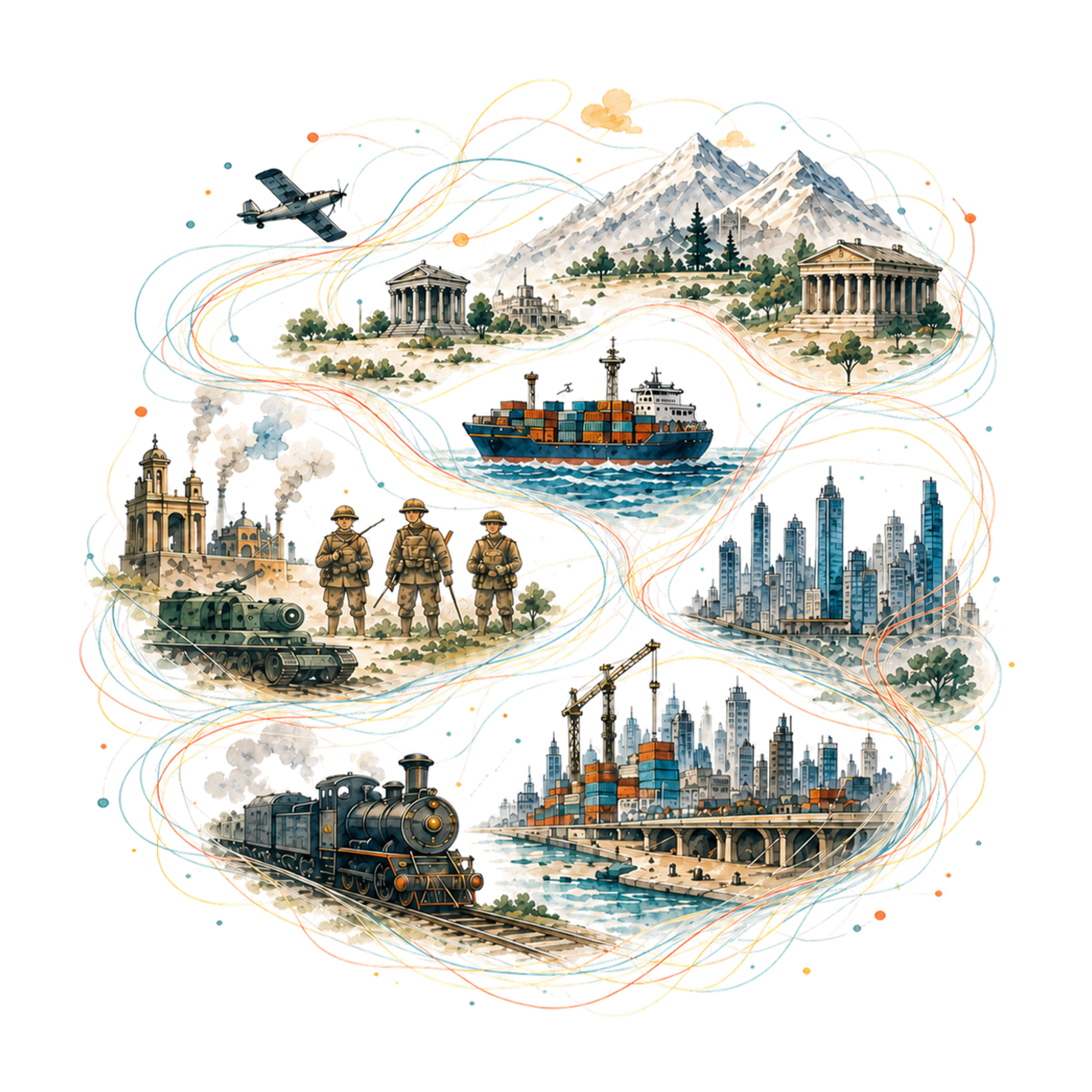 Mountains, cities, ships, infrastructure and technologies connected across an illustrated world.