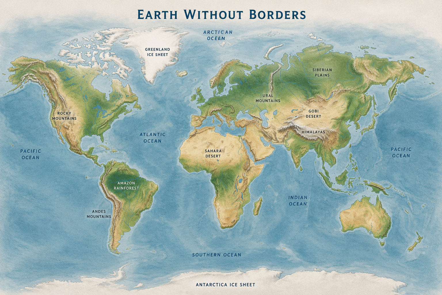Physical world map without political borders, showing continents, oceans, major mountain ranges, deserts, rivers and ice regions.