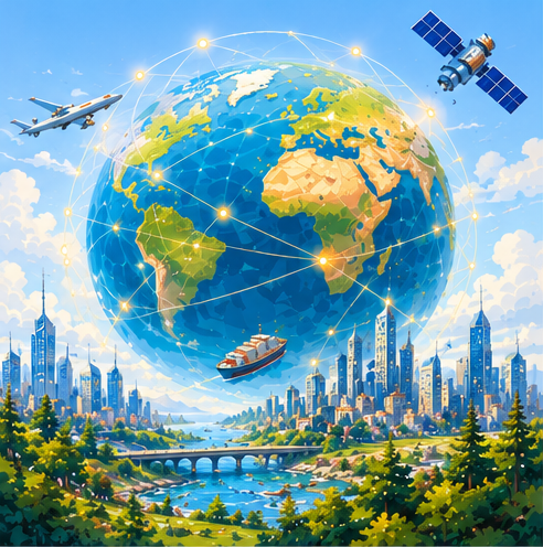 Connected globe with transport routes representing global trade and networks.