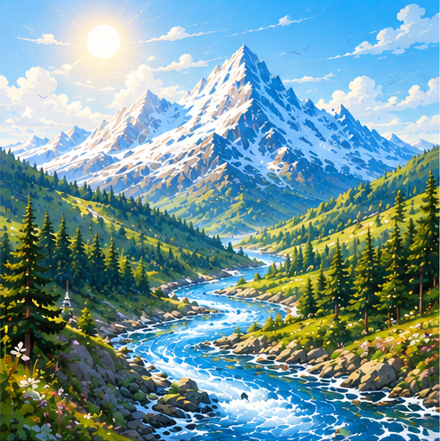 Mountain valley with a river representing physical geography.