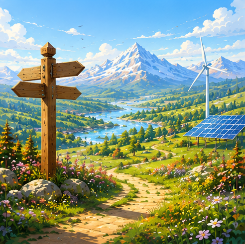 Landscape with multiple paths and renewable energy representing future and invisible geographic systems.