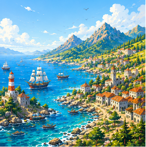 Coastal landscape with sailing ships representing early movement and human connections.