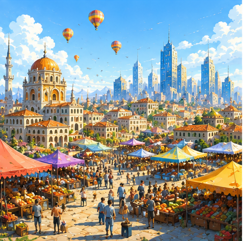 Historic and modern city landscape representing people, power and society.