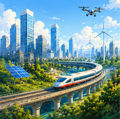 Modern city with rail, renewable energy and technology infrastructure.